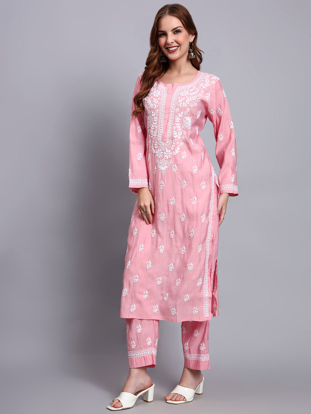 Women Hand Embroidered Chikankari Chanderi Kurta Set-AL4089KS Pink