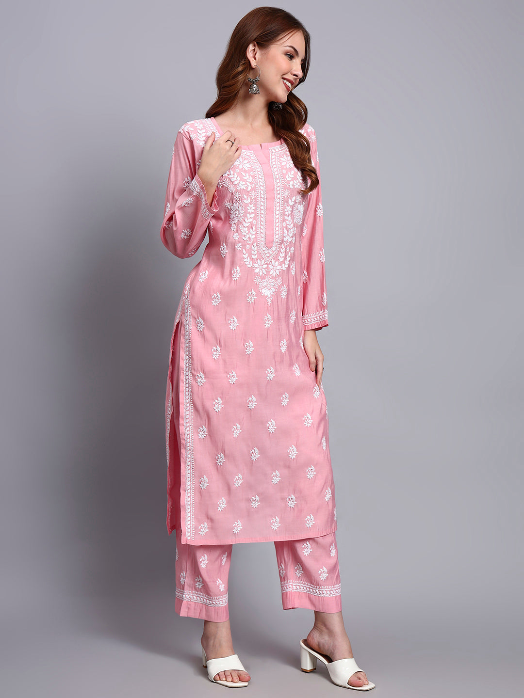 Women Hand Embroidered Chikankari Chanderi Kurta Set-AL4089KS Pink
