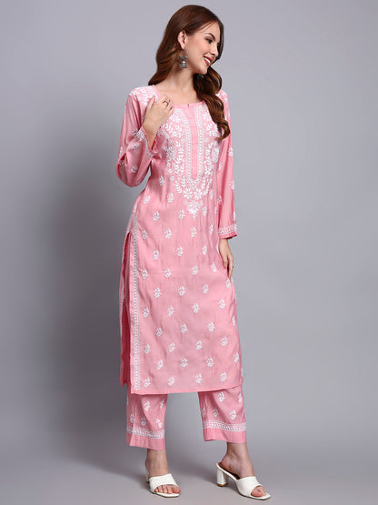 Women Hand Embroidered Chikankari Chanderi Kurta Set-AL4089KS Pink