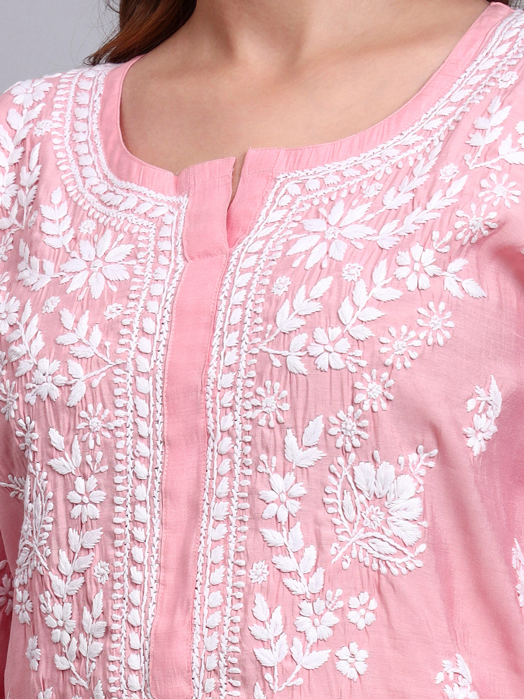Women Hand Embroidered Chikankari Chanderi Kurta Set-AL4089KS Pink