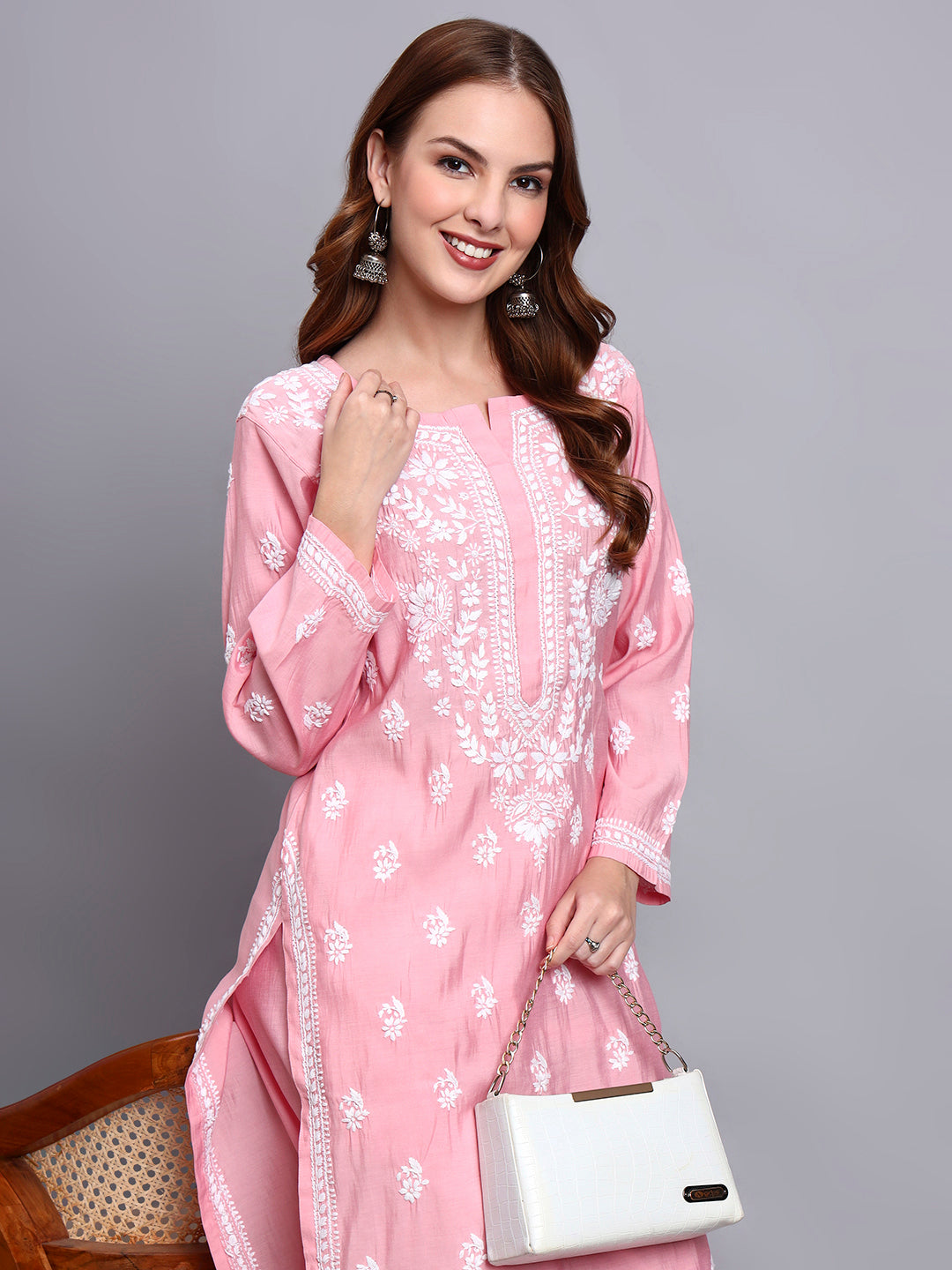 Women Hand Embroidered Chikankari Chanderi Kurta Set-AL4089KS Pink