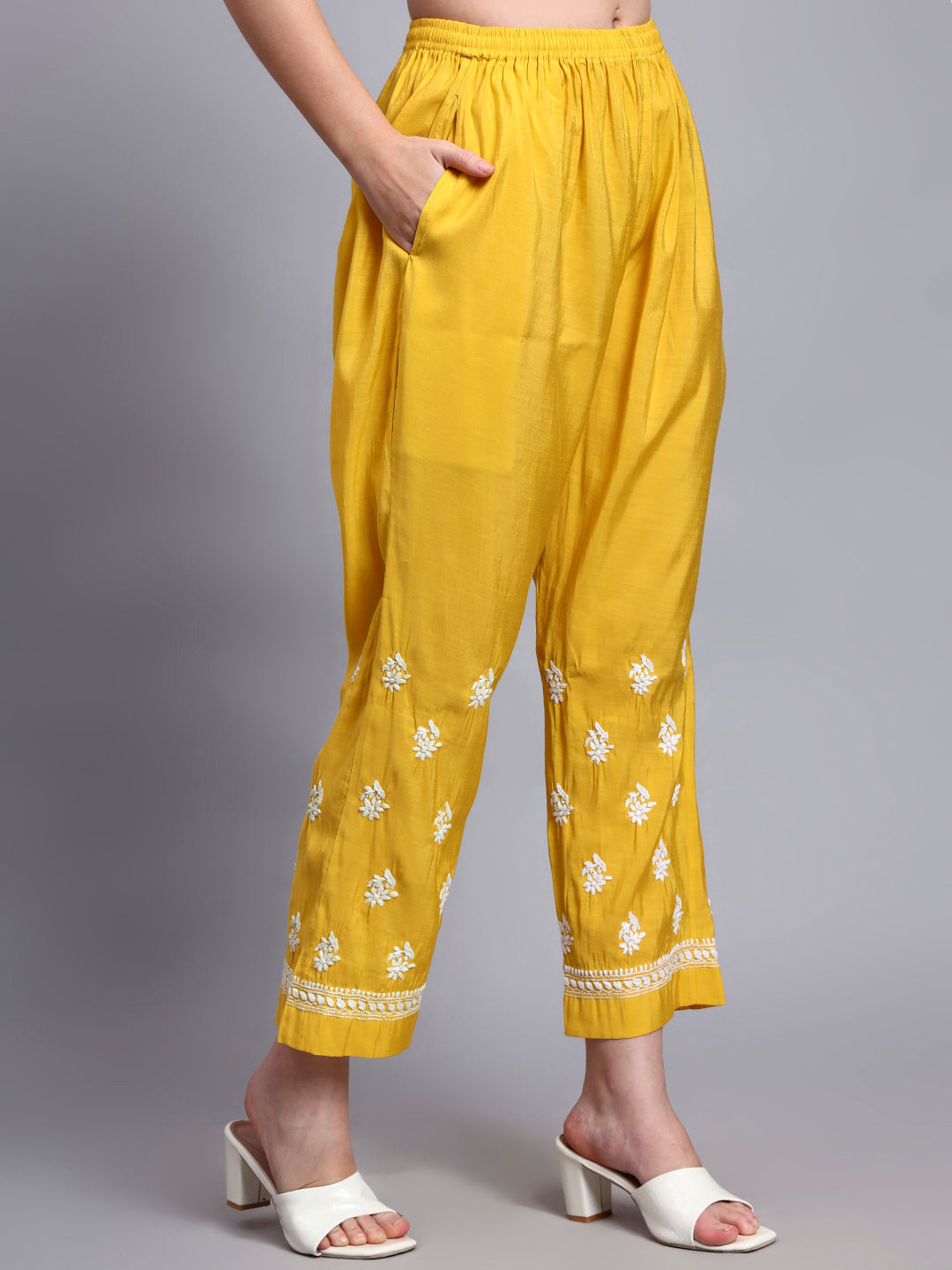 Women Hand Embroidered Chikankari Chanderi Kurta Set-AL4089KS Yellow