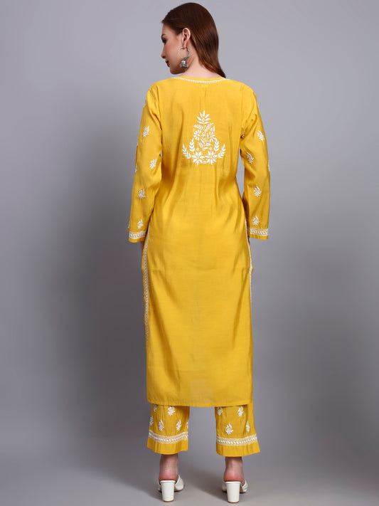 Women Hand Embroidered Chikankari Chanderi Kurta Set-AL4089KS Yellow