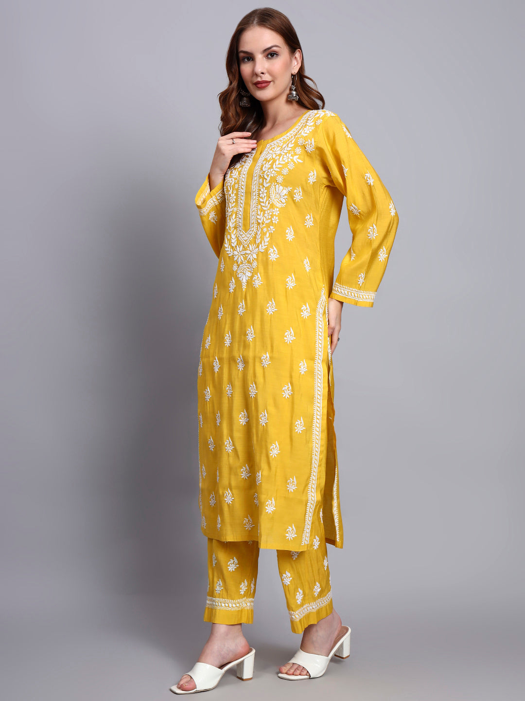 Women Hand Embroidered Chikankari Chanderi Kurta Set-AL4089KS Yellow