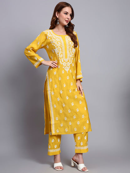 Women Hand Embroidered Chikankari Chanderi Kurta Set-AL4089KS Yellow