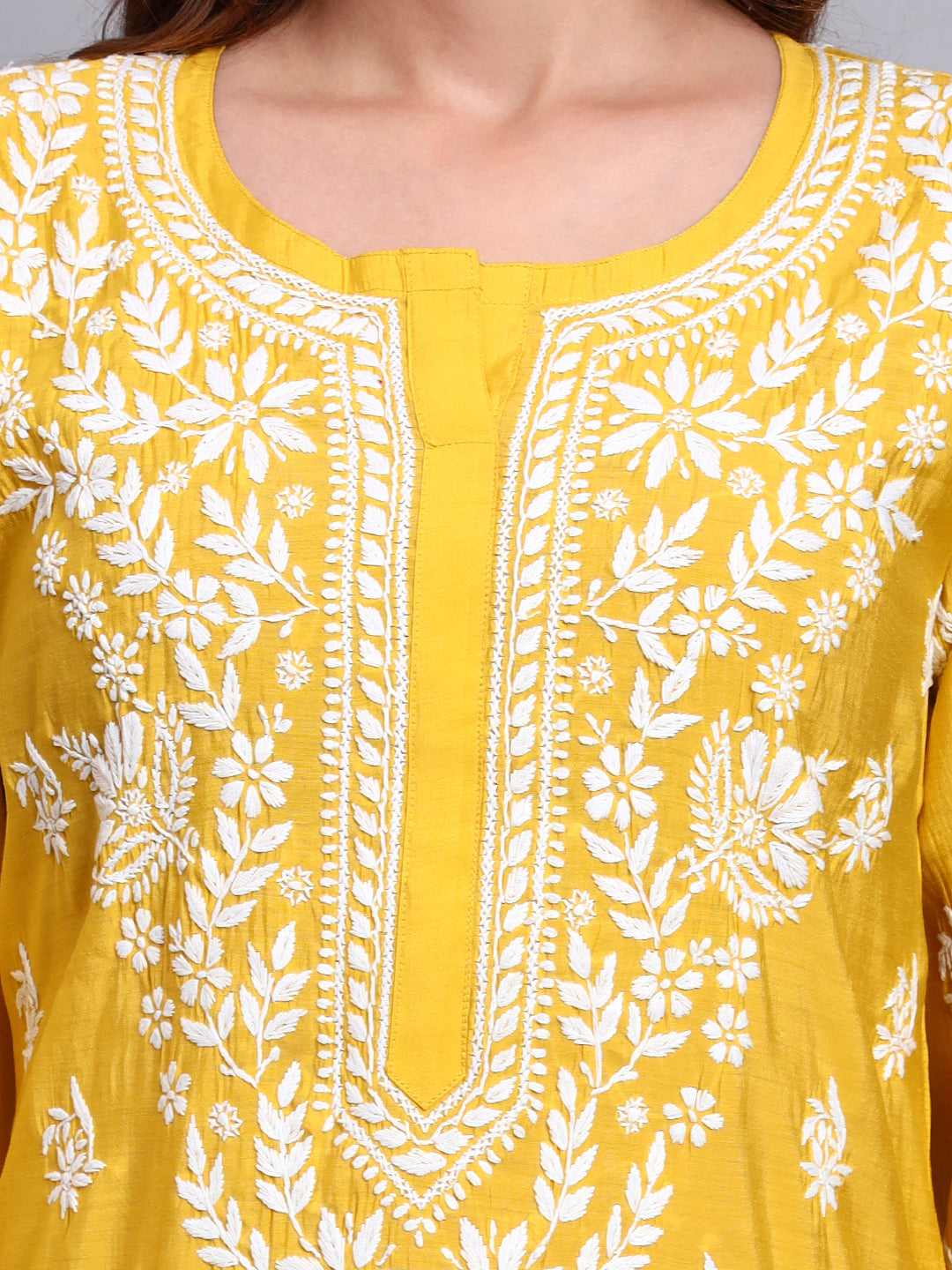 Women Hand Embroidered Chikankari Chanderi Kurta Set-AL4089KS Yellow