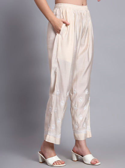 Women Hand Embroidered Chikankari Chanderi Kurta Set-AL4089KS Beige