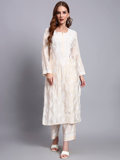 Women Hand Embroidered Chikankari Chanderi Kurta Set-AL4089KS Beige
