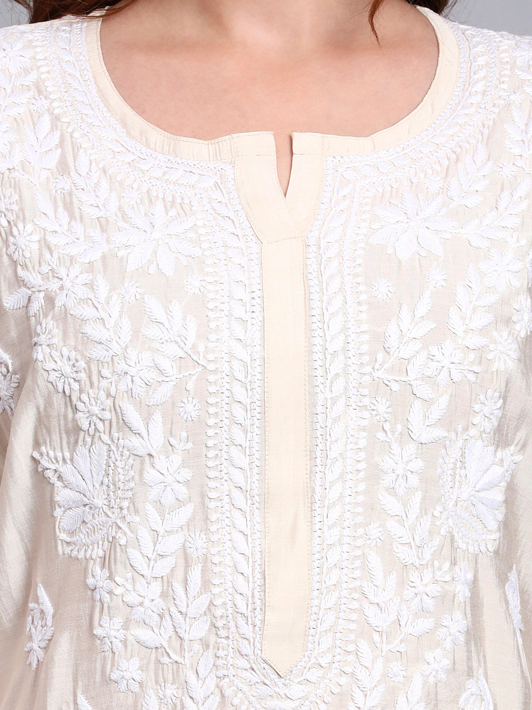 Women Hand Embroidered Chikankari Chanderi Kurta Set-AL4089KS Beige