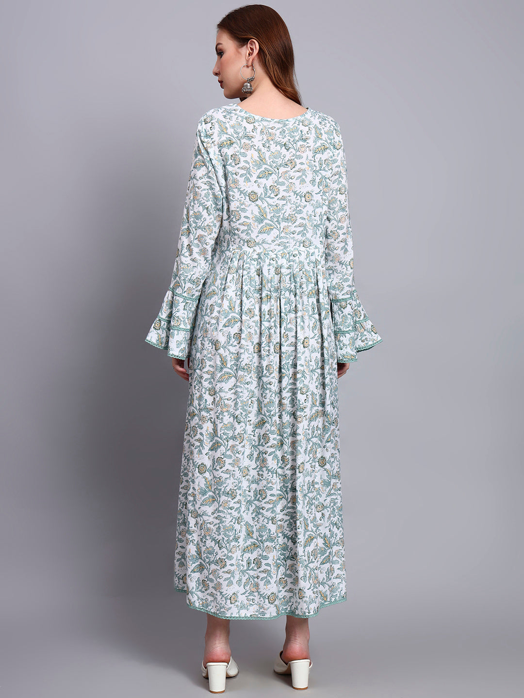 Women Floral Printed Rayon Jalabiya with Flared Sleeves & V-Neckline-AL4011 Green
