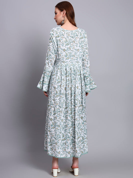 Women Floral Printed Rayon Jalabiya with Flared Sleeves & V-Neckline-AL4011 Green