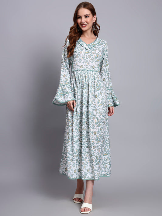 Women Floral Printed Rayon Jalabiya with Flared Sleeves & V-Neckline-AL4011 Green