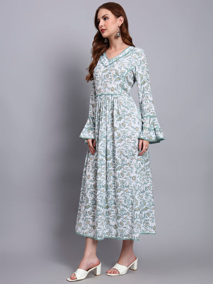 Women Floral Printed Rayon Jalabiya with Flared Sleeves & V-Neckline-AL4011 Green