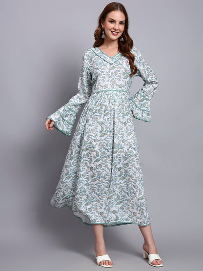 Women Floral Printed Rayon Jalabiya with Flared Sleeves & V-Neckline-AL4011 Green