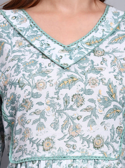 Women Floral Printed Rayon Jalabiya with Flared Sleeves & V-Neckline-AL4011 Green