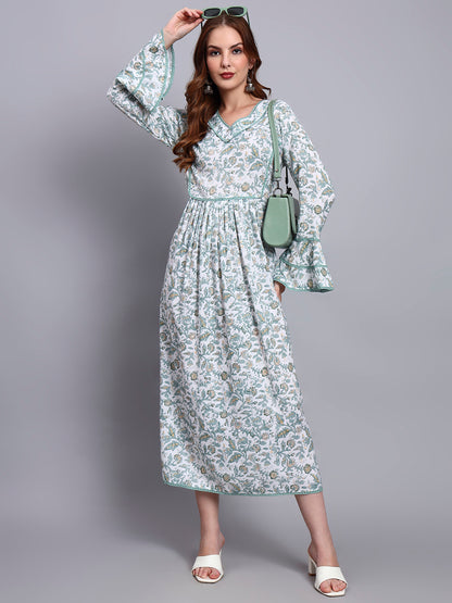 Women Floral Printed Rayon Jalabiya with Flared Sleeves & V-Neckline-AL4011 Green