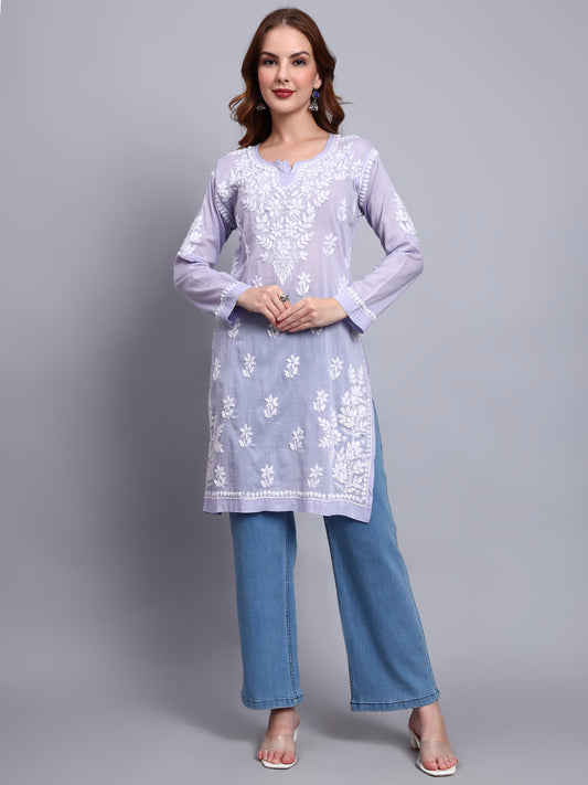 Women Hand Embroidered Chikankari Cotton Kurti -AL3685 Mauve