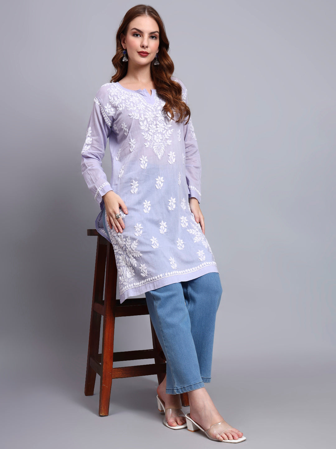 Women Hand Embroidered Chikankari Cotton Kurti -AL3685 Mauve