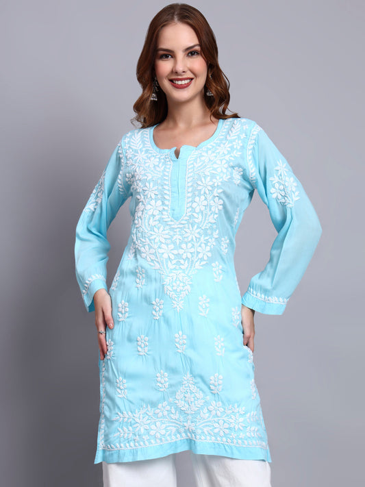 Women Hand Embroidered Chikankari Modal Kurti -AL3702 Skyblue