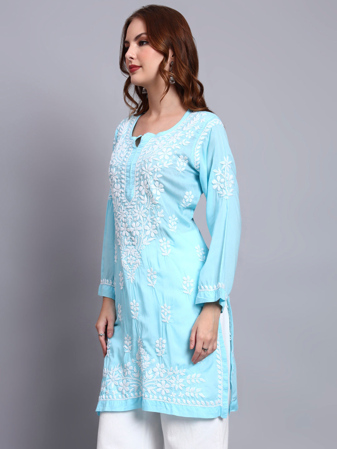 Women Hand Embroidered Chikankari Modal Kurti -AL3702 Skyblue