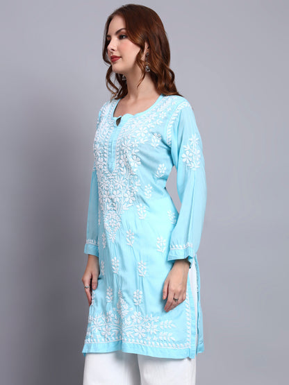 Women Hand Embroidered Chikankari Modal Kurti -AL3702 Skyblue