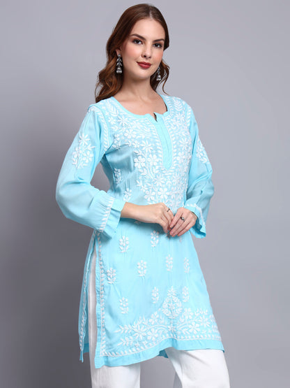 Women Hand Embroidered Chikankari Modal Kurti -AL3702 Skyblue