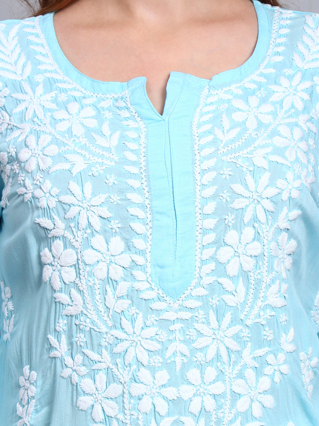 Women Hand Embroidered Chikankari Modal Kurti -AL3702 Skyblue