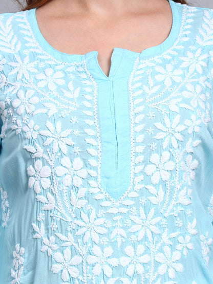 Women Hand Embroidered Chikankari Modal Kurti -AL3702 Skyblue