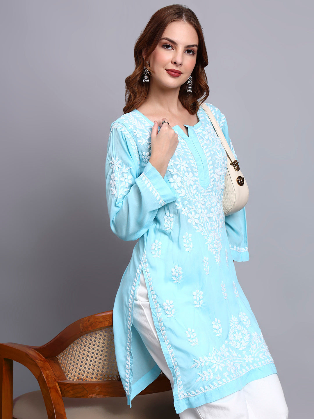 Women Hand Embroidered Chikankari Modal Kurti -AL3702 Skyblue