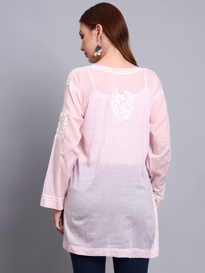 Women Hand Embroidered Chikankari Mulmul Short Top -AL3724 Pink