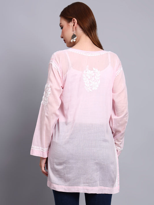 Women Hand Embroidered Chikankari Mulmul Short Top -AL3724 Pink