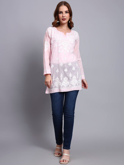 Women Hand Embroidered Chikankari Mulmul Short Top -AL3724 Pink