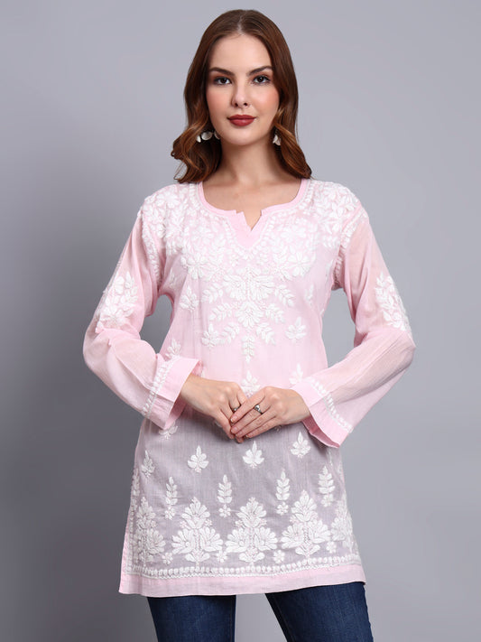 Women Hand Embroidered Chikankari Mulmul Short Top -AL3724 Pink