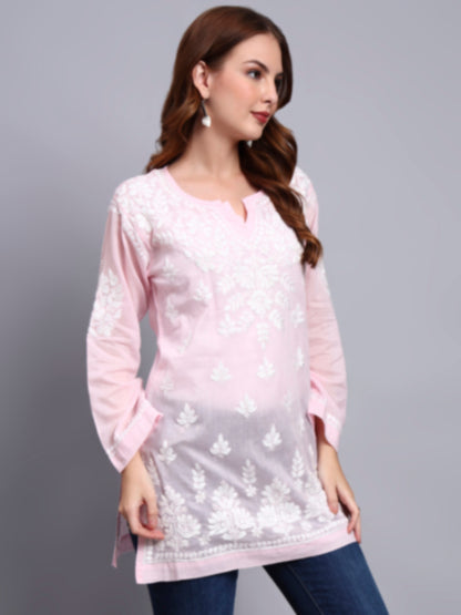 Women Hand Embroidered Chikankari Mulmul Short Top -AL3724 Pink