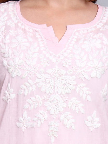 Women Hand Embroidered Chikankari Mulmul Short Top -AL3724 Pink