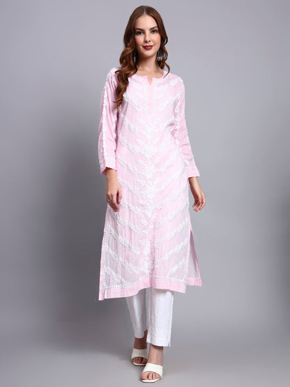 Women Hand Embroidered Chikankari Mulmul Kurti -AL3757 Pink