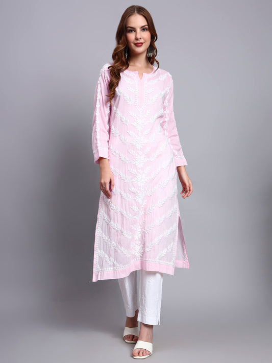 Women Hand Embroidered Chikankari Mulmul Kurti -AL3757 Pink