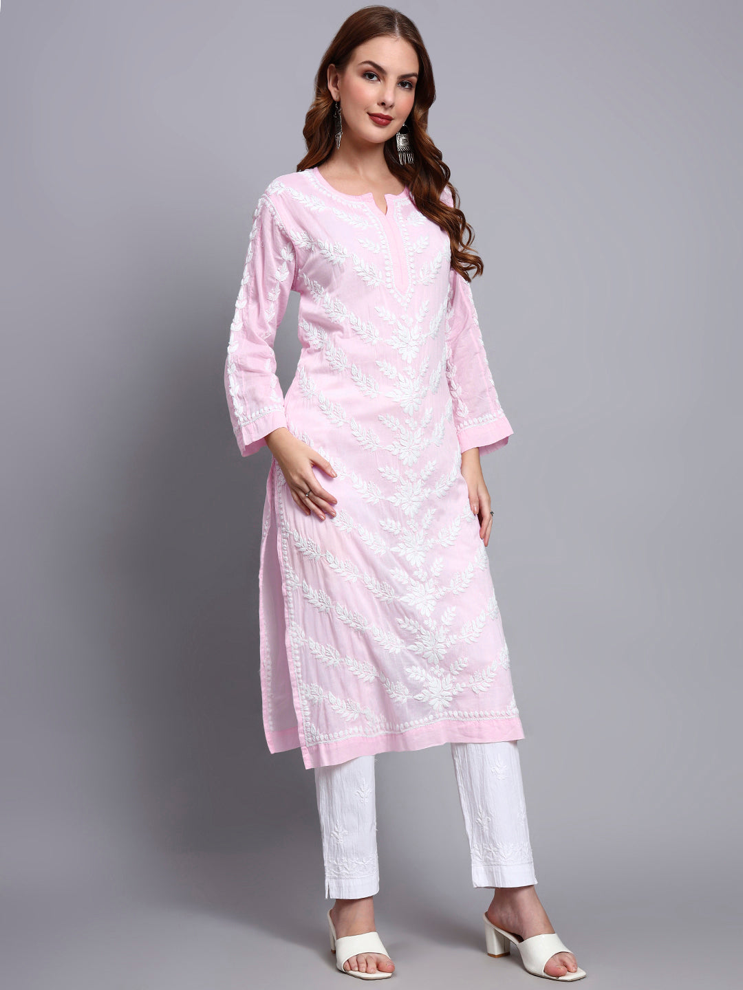 Women Hand Embroidered Chikankari Mulmul Kurti -AL3757 Pink