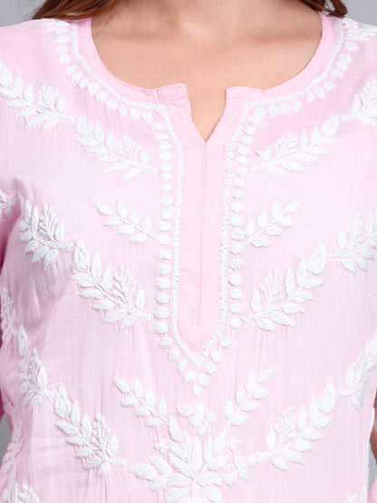 Women Hand Embroidered Chikankari Mulmul Kurti -AL3757 Pink