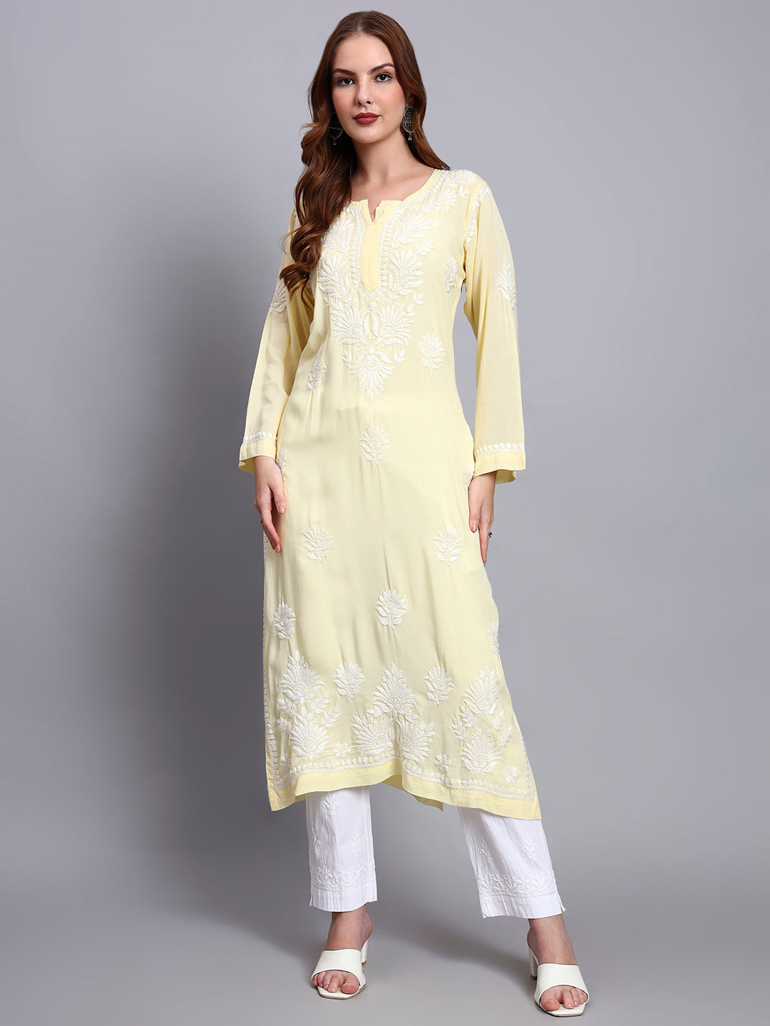 Hand Embroidered Chikankari Modal Straight Kurta-AL3683 Yellow
