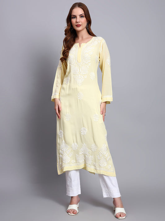 Hand Embroidered Chikankari Modal Straight Kurta-AL3683 Yellow