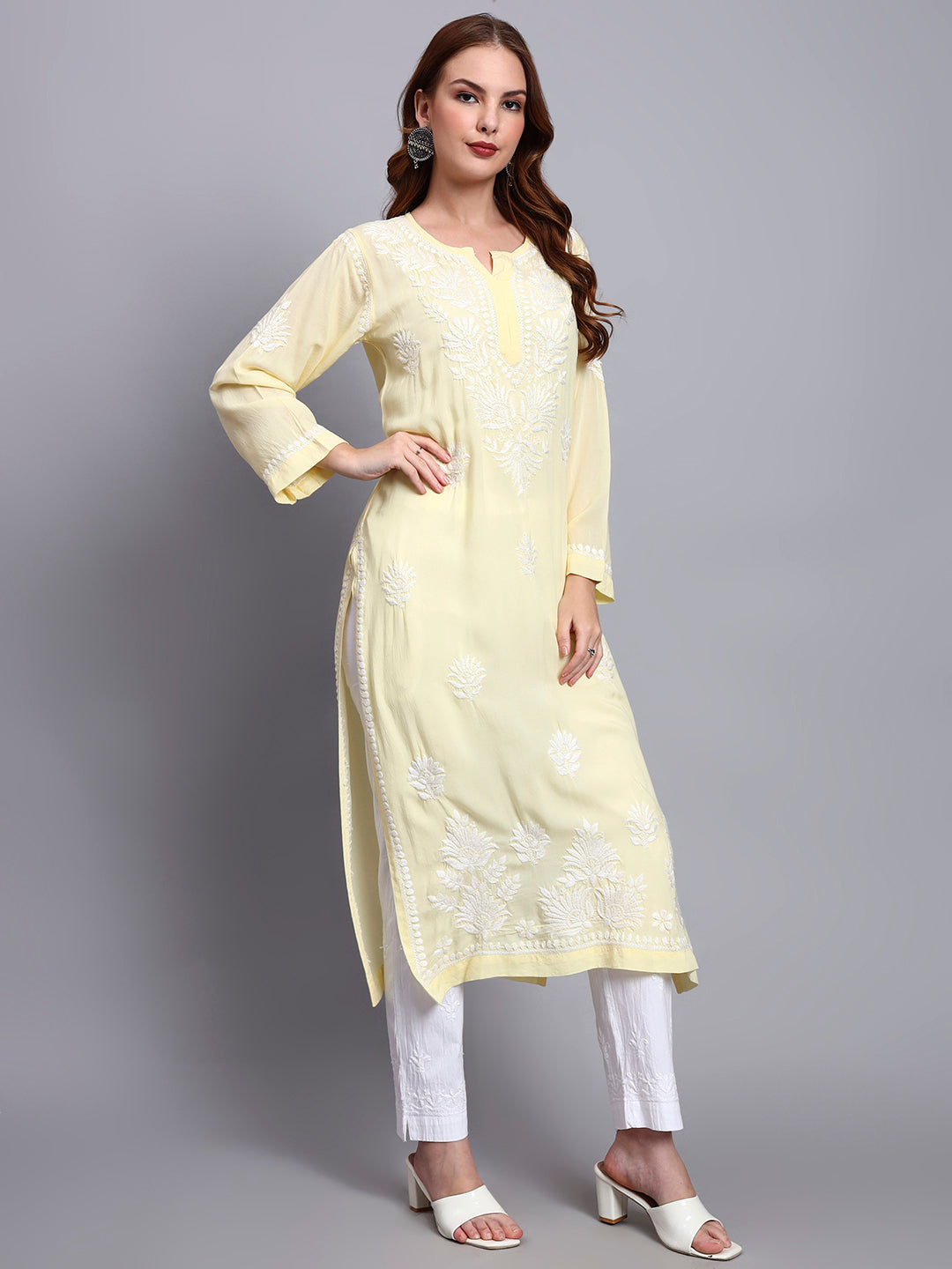 Hand Embroidered Chikankari Modal Straight Kurta-AL3683 Yellow