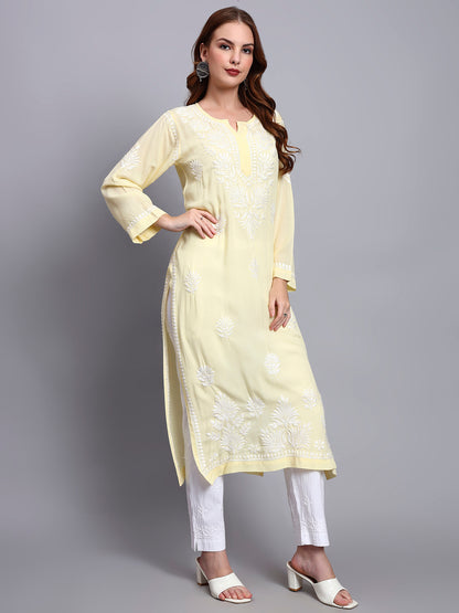 Hand Embroidered Chikankari Modal Straight Kurta-AL3683 Yellow