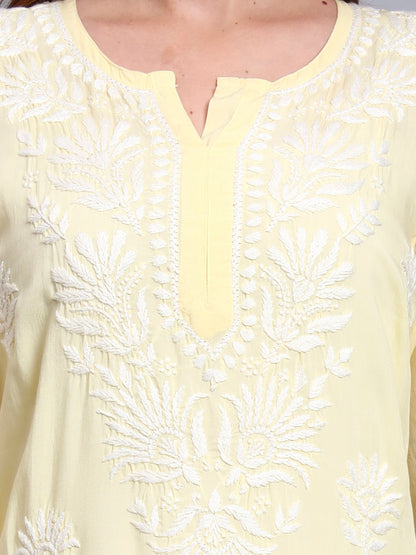 Hand Embroidered Chikankari Modal Straight Kurta-AL3683 Yellow