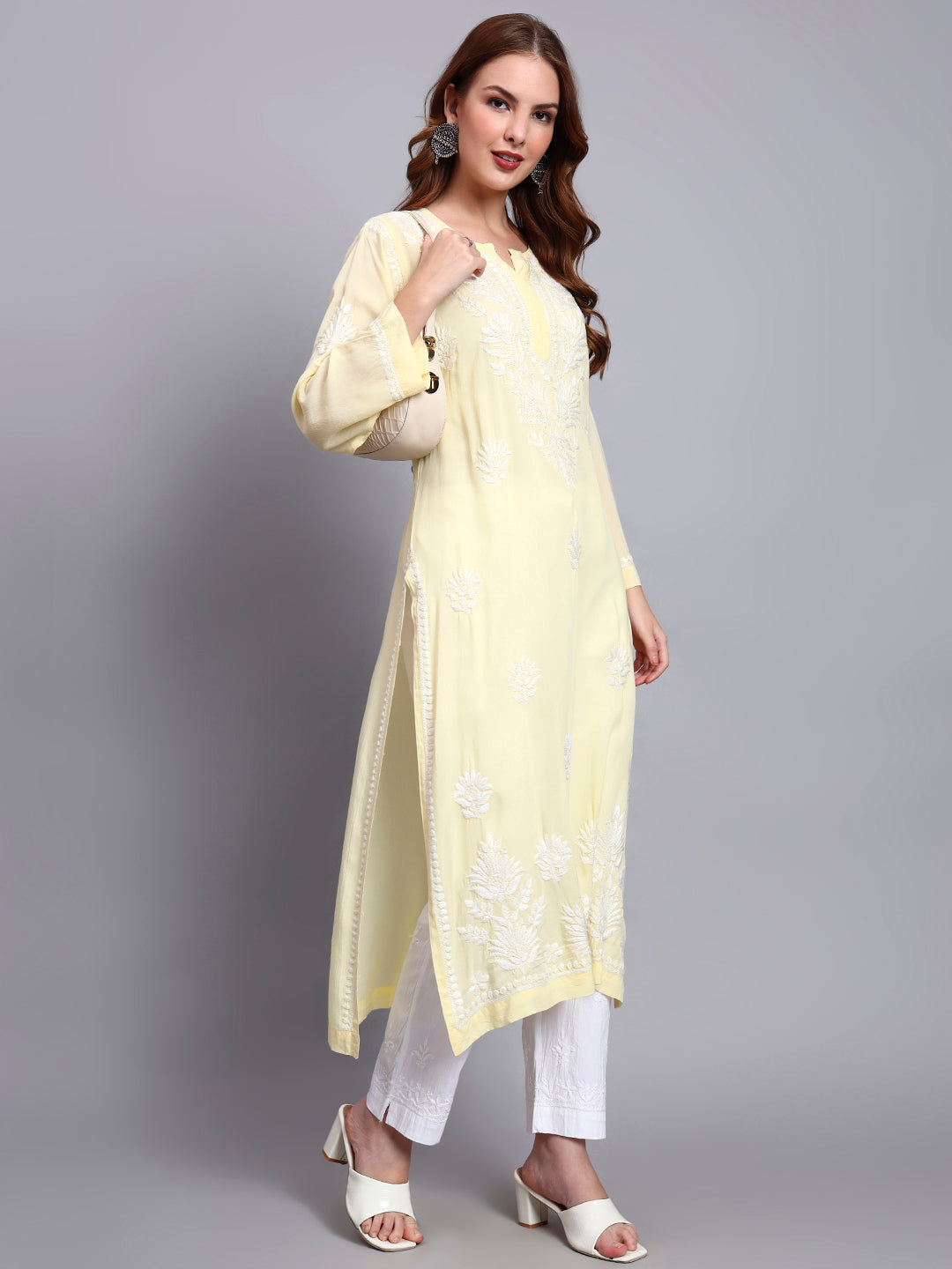 Hand Embroidered Chikankari Modal Straight Kurta-AL3683 Yellow