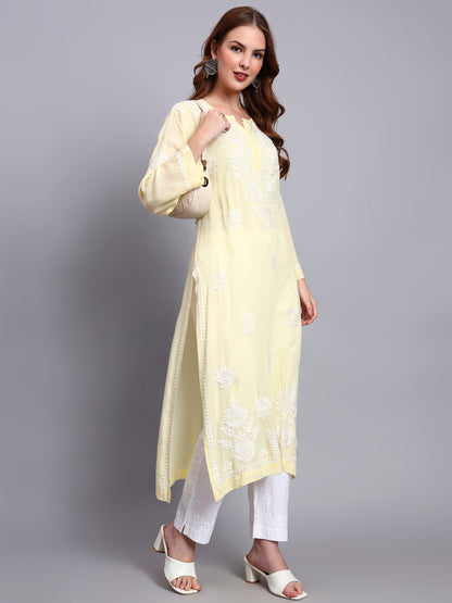 Hand Embroidered Chikankari Modal Straight Kurta-AL3683 Yellow