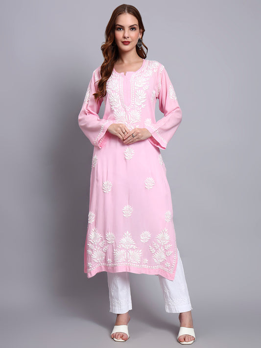 Hand Embroidered Chikankari Modal Straight Kurta-AL3683 Pink