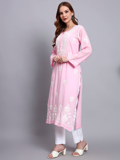 Hand Embroidered Chikankari Modal Straight Kurta-AL3683 Pink