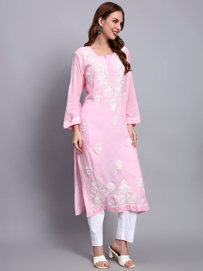 Hand Embroidered Chikankari Modal Straight Kurta-AL3683 Pink