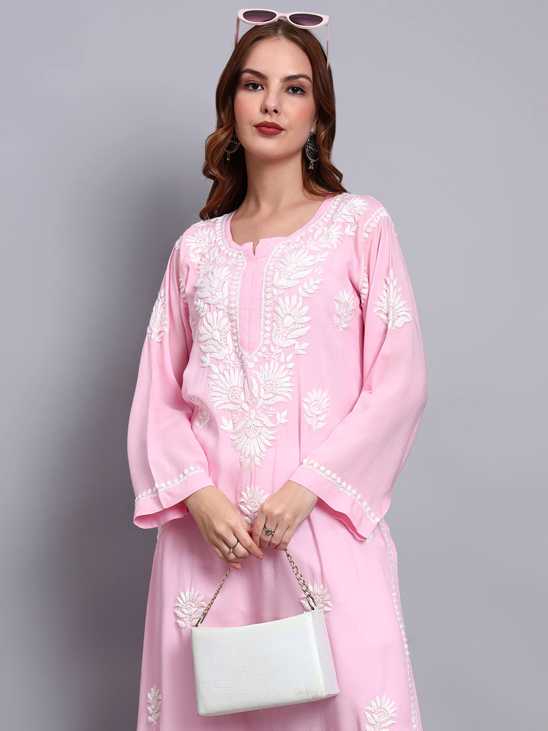 Hand Embroidered Chikankari Modal Straight Kurta-AL3683 Pink